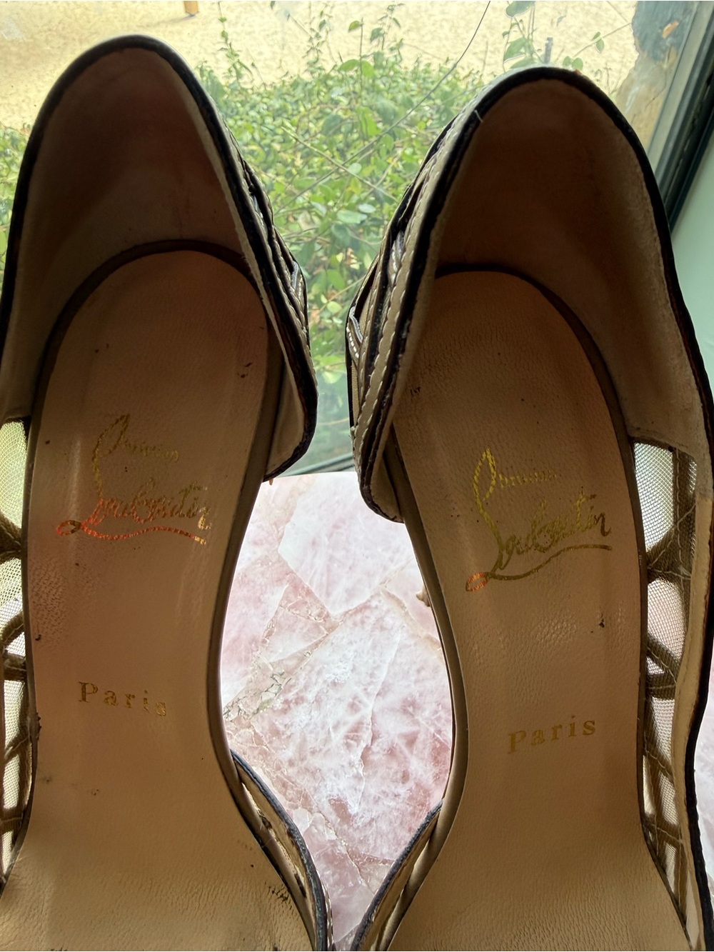 Christian Louboutin Nude and Red Pointed-Toe Mesh Pumps - Picture 2 of 5